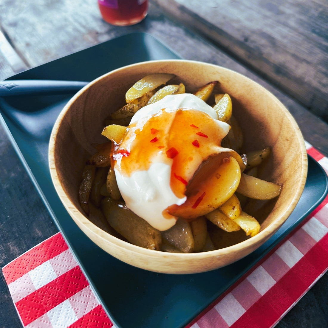 Potato Wedges with Sour Cream and Sweet & Sour Sauce